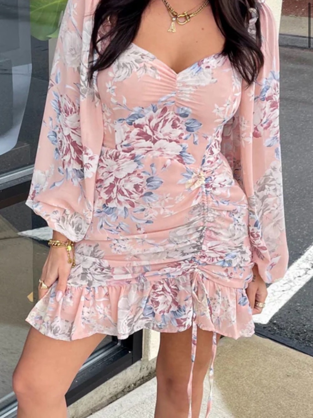 She + Sky Pink Floral Ruched Mini Dress